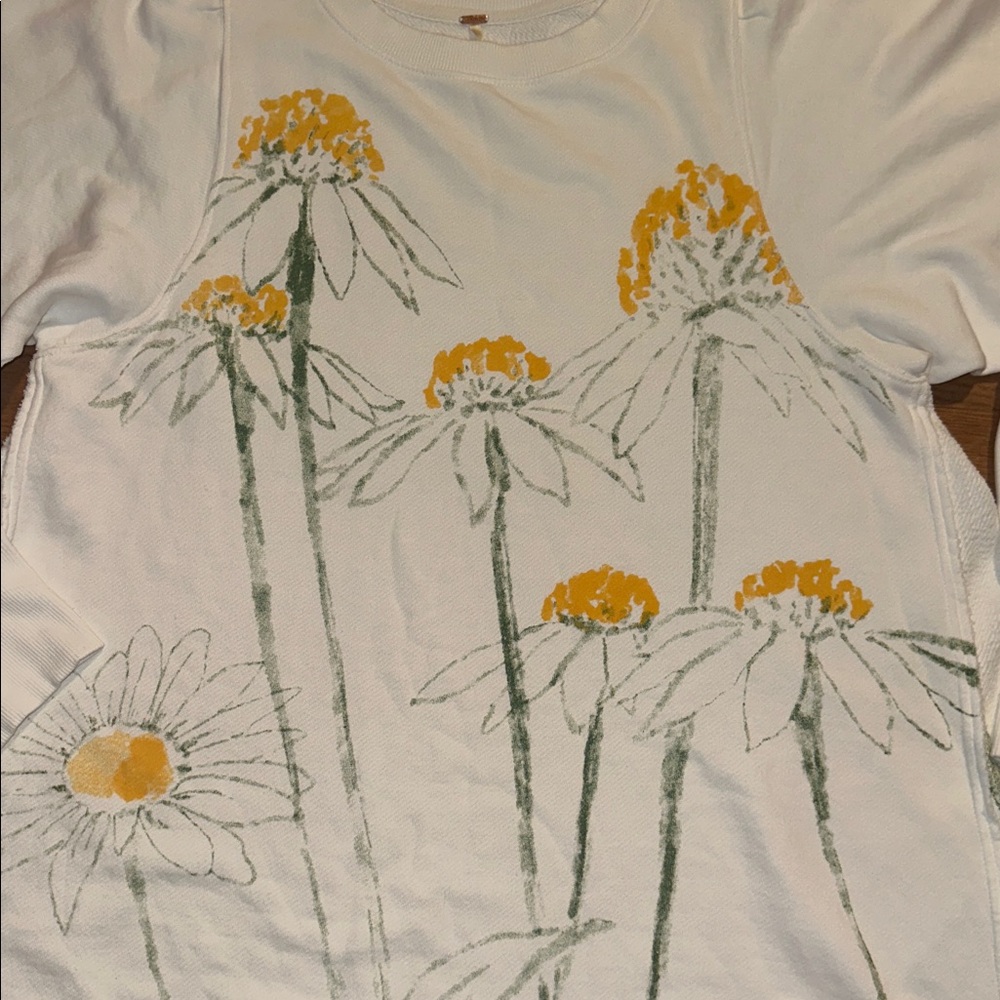 Free People Cream Floral Daisy Oversized Sweatshirt with Yellow and Green Print - Picture 3 of 14